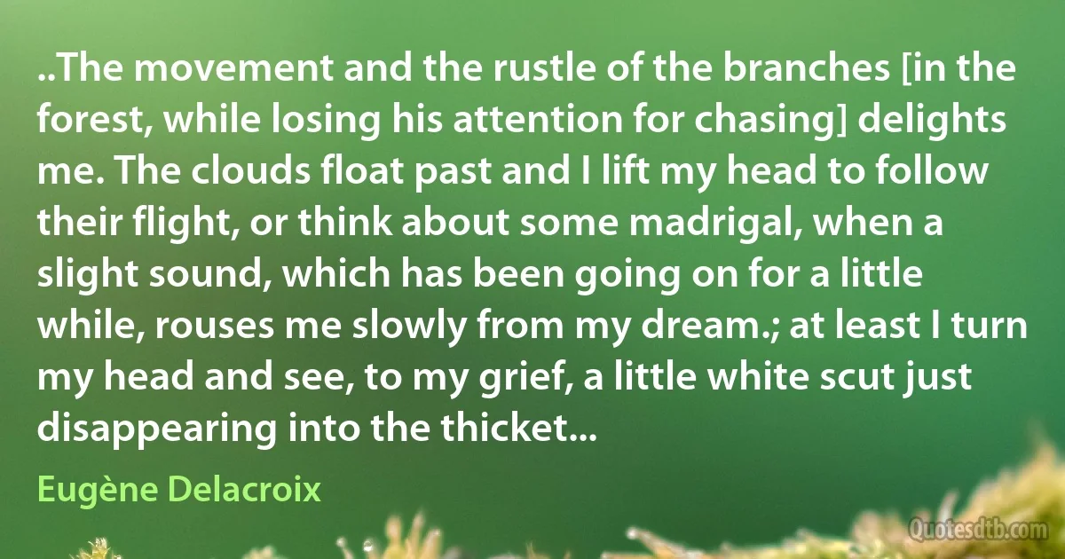 ..The movement and the rustle of the branches [in the forest, while losing his attention for chasing] delights me. The clouds float past and I lift my head to follow their flight, or think about some madrigal, when a slight sound, which has been going on for a little while, rouses me slowly from my dream.; at least I turn my head and see, to my grief, a little white scut just disappearing into the thicket... (Eugène Delacroix)