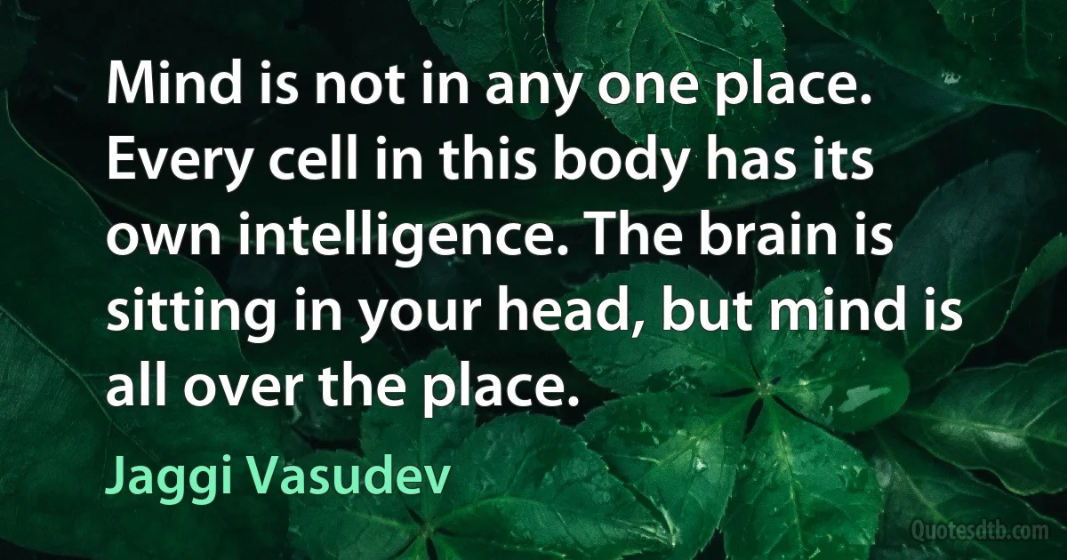 Mind is not in any one place. Every cell in this body has its own intelligence. The brain is sitting in your head, but mind is all over the place. (Jaggi Vasudev)