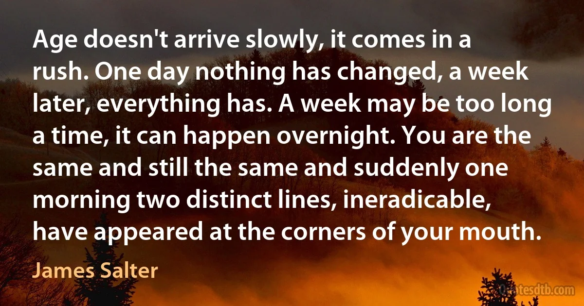 Age doesn't arrive slowly, it comes in a rush. One day nothing has changed, a week later, everything has. A week may be too long a time, it can happen overnight. You are the same and still the same and suddenly one morning two distinct lines, ineradicable, have appeared at the corners of your mouth. (James Salter)