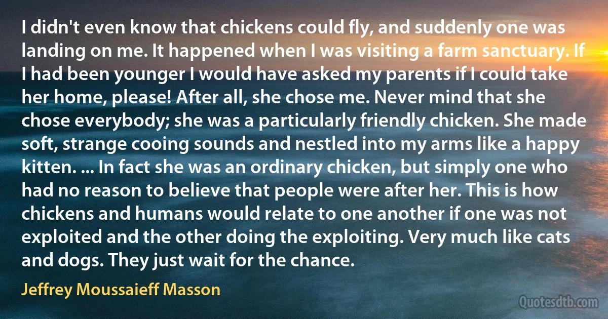 I didn't even know that chickens could fly, and suddenly one was landing on me. It happened when I was visiting a farm sanctuary. If I had been younger I would have asked my parents if I could take her home, please! After all, she chose me. Never mind that she chose everybody; she was a particularly friendly chicken. She made soft, strange cooing sounds and nestled into my arms like a happy kitten. ... In fact she was an ordinary chicken, but simply one who had no reason to believe that people were after her. This is how chickens and humans would relate to one another if one was not exploited and the other doing the exploiting. Very much like cats and dogs. They just wait for the chance. (Jeffrey Moussaieff Masson)