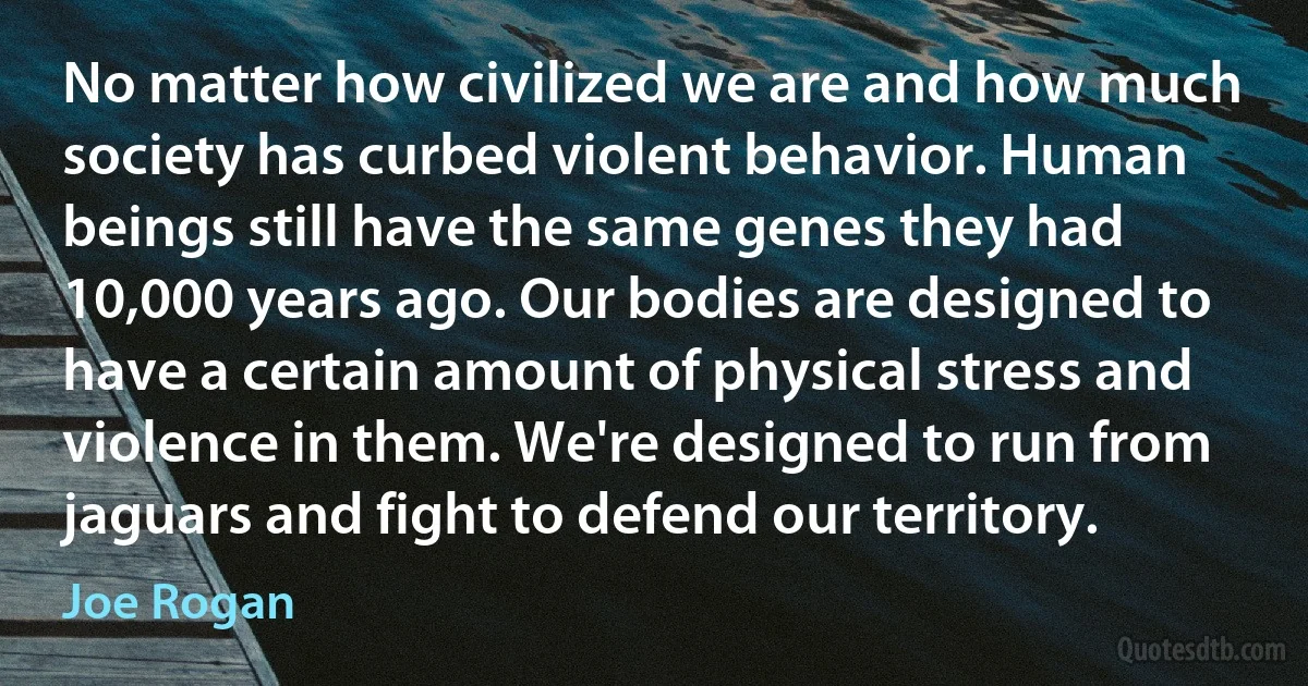 No matter how civilized we are and how much society has curbed violent behavior. Human beings still have the same genes they had 10,000 years ago. Our bodies are designed to have a certain amount of physical stress and violence in them. We're designed to run from jaguars and fight to defend our territory. (Joe Rogan)