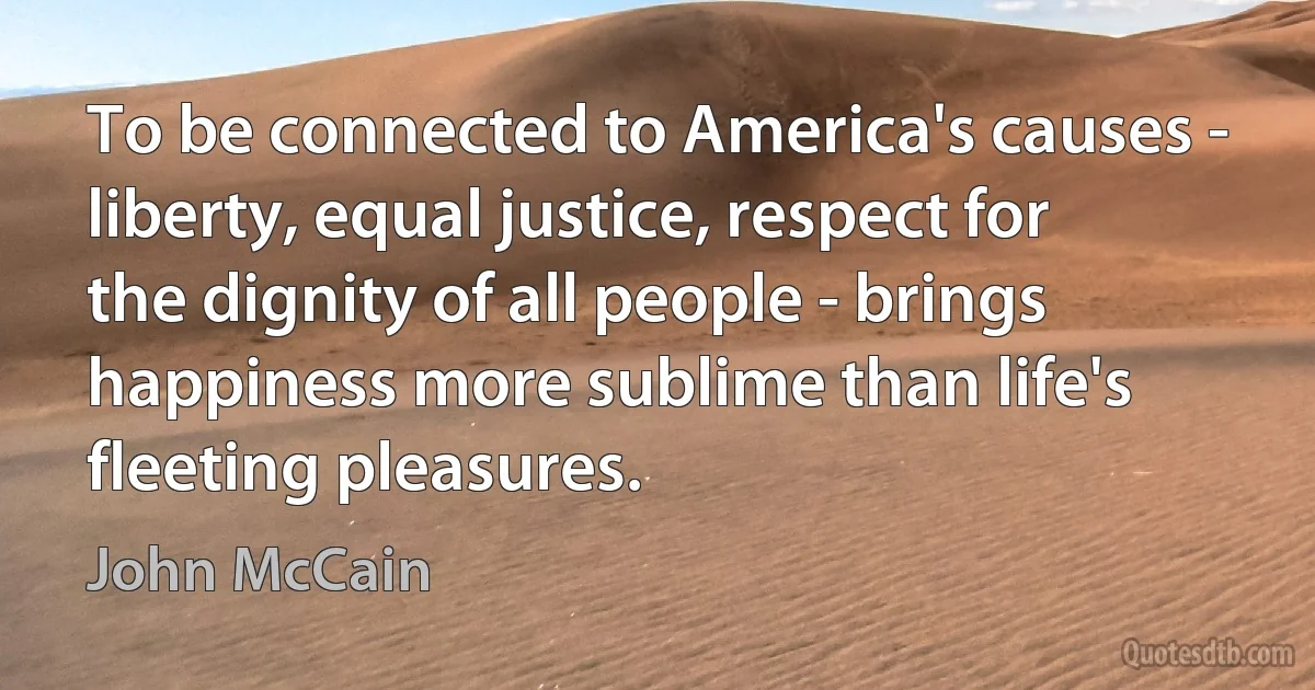 To be connected to America's causes - liberty, equal justice, respect for the dignity of all people - brings happiness more sublime than life's fleeting pleasures. (John McCain)