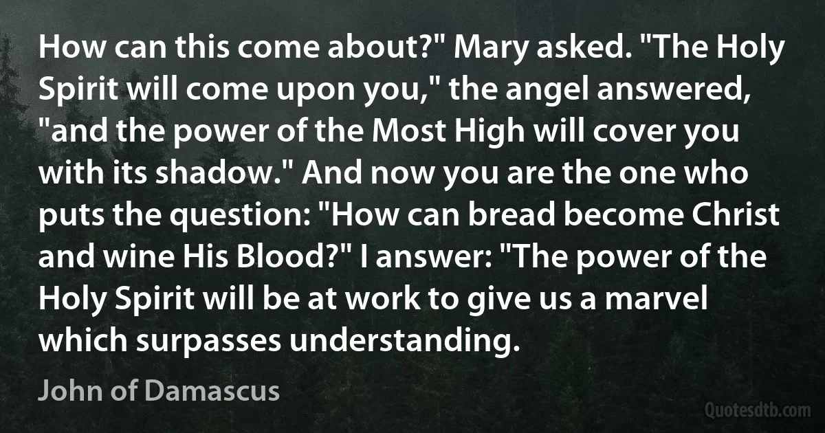 How can this come about?" Mary asked. "The Holy Spirit will come upon you," the angel answered, "and the power of the Most High will cover you with its shadow." And now you are the one who puts the question: "How can bread become Christ and wine His Blood?" I answer: "The power of the Holy Spirit will be at work to give us a marvel which surpasses understanding. (John of Damascus)