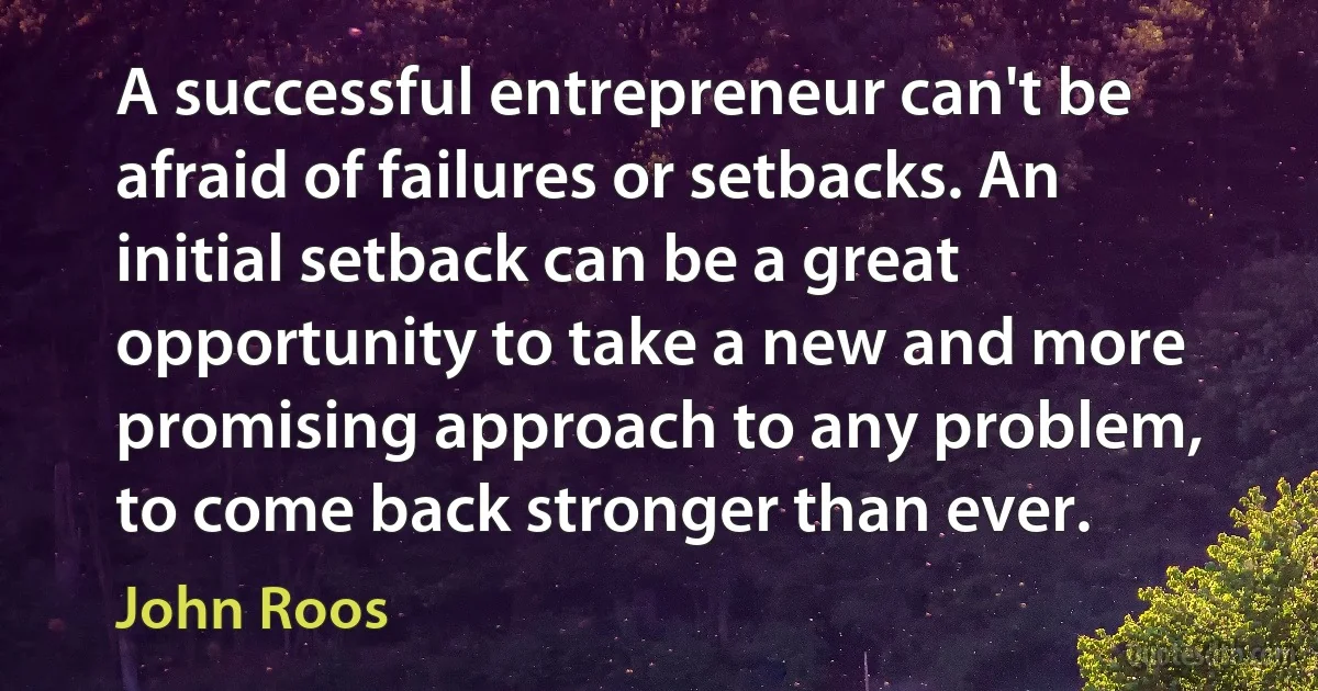 A successful entrepreneur can't be afraid of failures or setbacks. An initial setback can be a great opportunity to take a new and more promising approach to any problem, to come back stronger than ever. (John Roos)