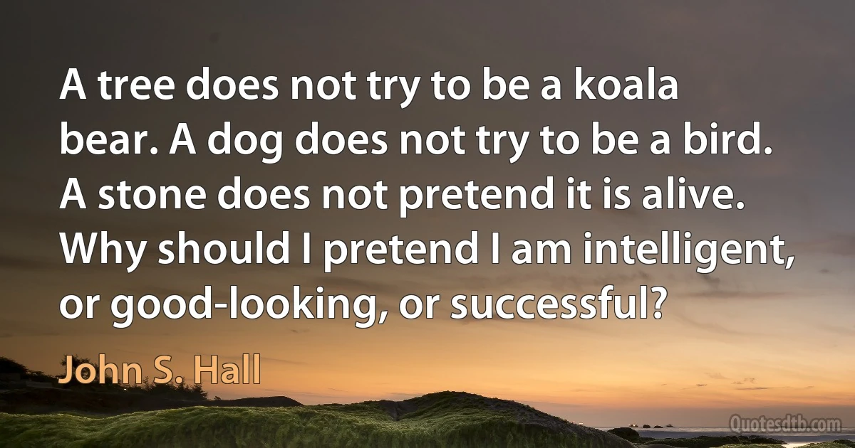 A tree does not try to be a koala bear. A dog does not try to be a bird. A stone does not pretend it is alive. Why should I pretend I am intelligent, or good-looking, or successful? (John S. Hall)