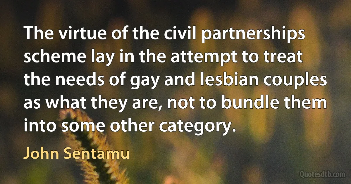 The virtue of the civil partnerships scheme lay in the attempt to treat the needs of gay and lesbian couples as what they are, not to bundle them into some other category. (John Sentamu)