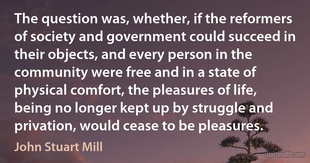 The question was, whether, if the reformers of society and government could succeed in their objects, and every person in the community were free and in a state of physical comfort, the pleasures of life, being no longer kept up by struggle and privation, would cease to be pleasures. (John Stuart Mill)