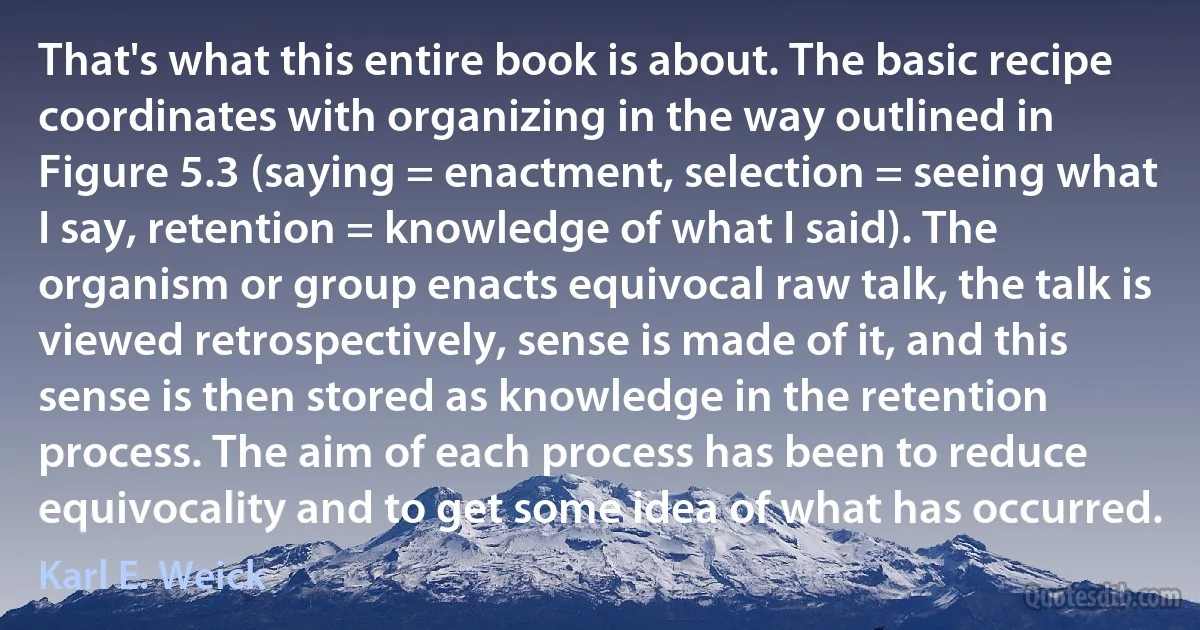 That's what this entire book is about. The basic recipe coordinates with organizing in the way outlined in Figure 5.3 (saying = enactment, selection = seeing what I say, retention = knowledge of what I said). The organism or group enacts equivocal raw talk, the talk is viewed retrospectively, sense is made of it, and this sense is then stored as knowledge in the retention process. The aim of each process has been to reduce equivocality and to get some idea of what has occurred. (Karl E. Weick)