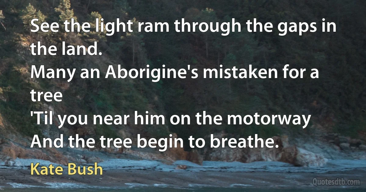 See the light ram through the gaps in the land.
Many an Aborigine's mistaken for a tree
'Til you near him on the motorway
And the tree begin to breathe. (Kate Bush)