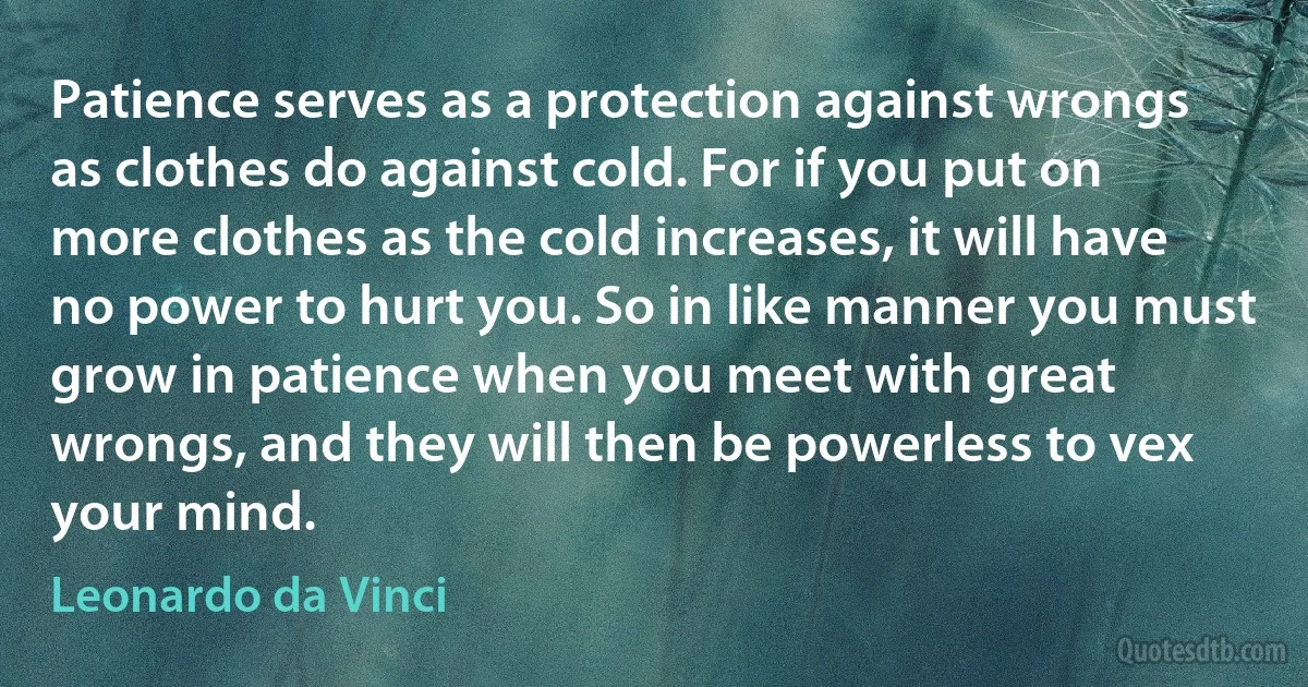 Patience serves as a protection against wrongs as clothes do against cold. For if you put on more clothes as the cold increases, it will have no power to hurt you. So in like manner you must grow in patience when you meet with great wrongs, and they will then be powerless to vex your mind. (Leonardo da Vinci)