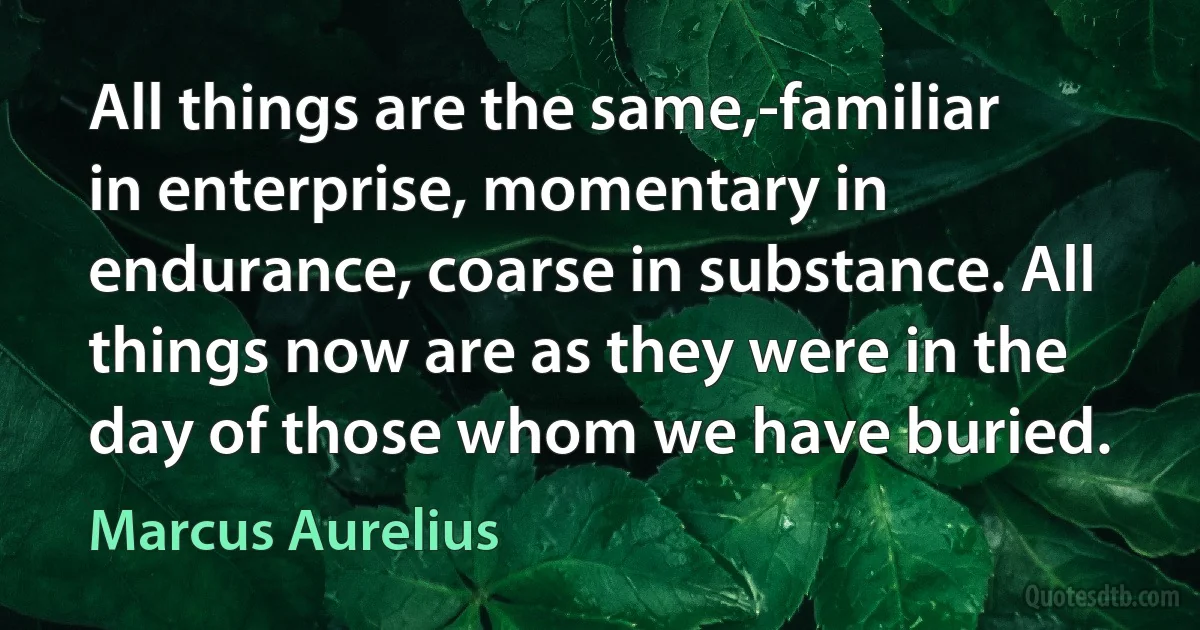 All things are the same,-familiar in enterprise, momentary in endurance, coarse in substance. All things now are as they were in the day of those whom we have buried. (Marcus Aurelius)