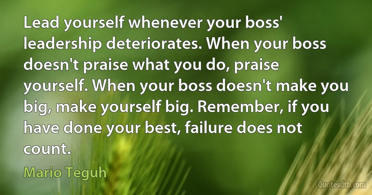 Lead yourself whenever your boss' leadership deteriorates. When your boss doesn't praise what you do, praise yourself. When your boss doesn't make you big, make yourself big. Remember, if you have done your best, failure does not count. (Mario Teguh)