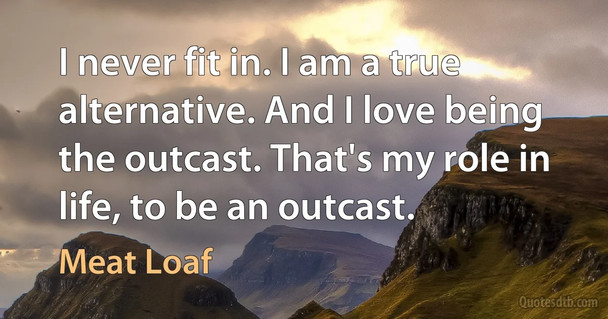 I never fit in. I am a true alternative. And I love being the outcast. That's my role in life, to be an outcast. (Meat Loaf)