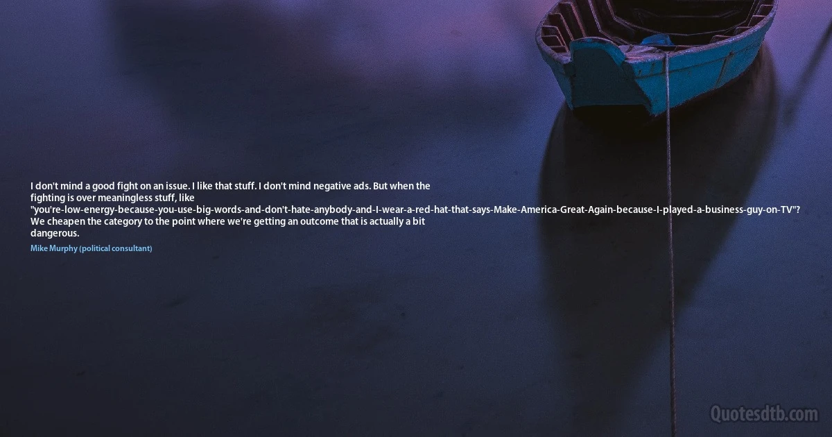 I don't mind a good fight on an issue. I like that stuff. I don't mind negative ads. But when the fighting is over meaningless stuff, like "you're-low-energy-because-you-use-big-words-and-don't-hate-anybody-and-I-wear-a-red-hat-that-says-Make-America-Great-Again-because-I-played-a-business-guy-on-TV"? We cheapen the category to the point where we're getting an outcome that is actually a bit dangerous. (Mike Murphy (political consultant))