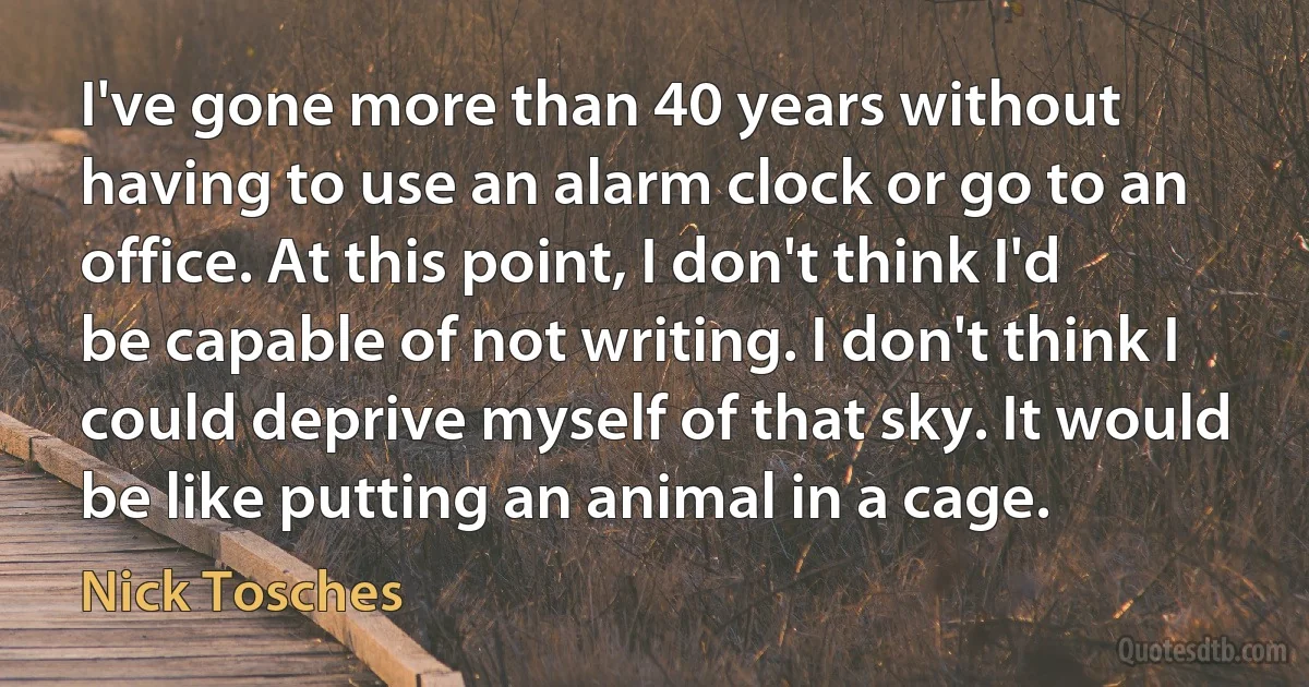 I've gone more than 40 years without having to use an alarm clock or go to an office. At this point, I don't think I'd be capable of not writing. I don't think I could deprive myself of that sky. It would be like putting an animal in a cage. (Nick Tosches)