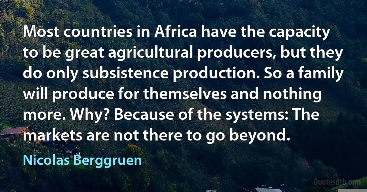 Most countries in Africa have the capacity to be great agricultural producers, but they do only subsistence production. So a family will produce for themselves and nothing more. Why? Because of the systems: The markets are not there to go beyond. (Nicolas Berggruen)