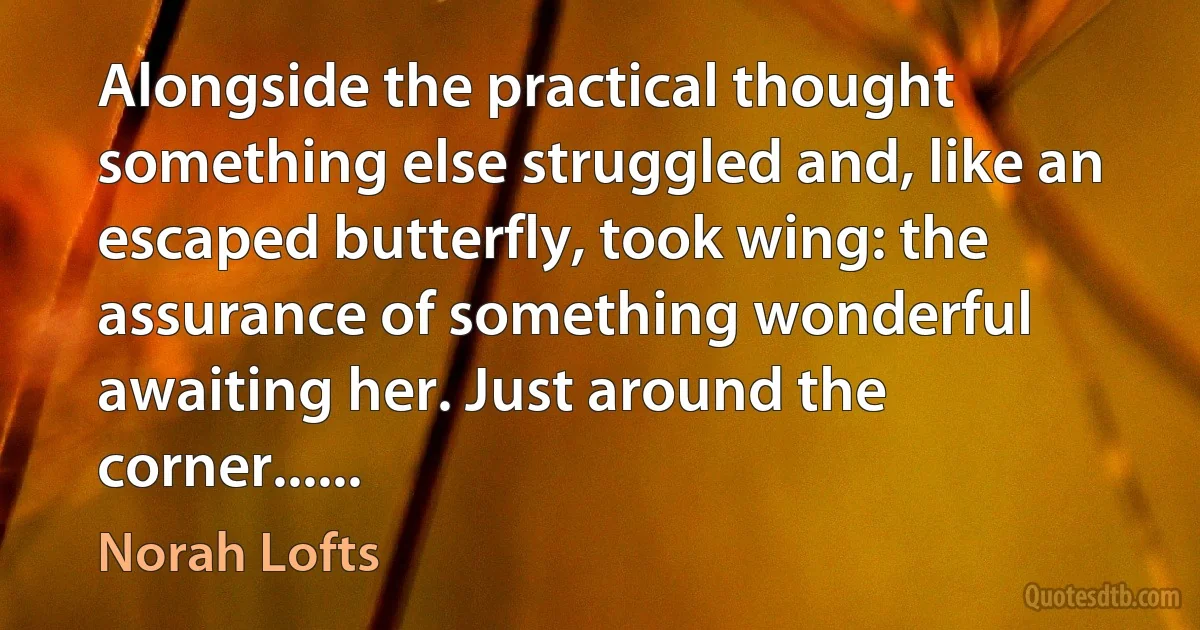 Alongside the practical thought something else struggled and, like an escaped butterfly, took wing: the assurance of something wonderful awaiting her. Just around the corner...... (Norah Lofts)