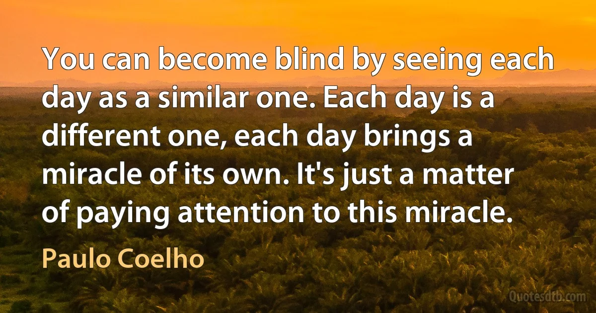 You can become blind by seeing each day as a similar one. Each day is a different one, each day brings a miracle of its own. It's just a matter of paying attention to this miracle. (Paulo Coelho)