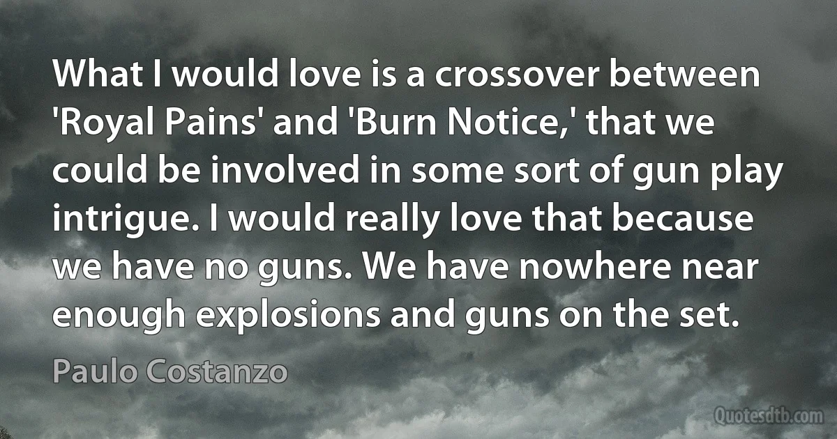 What I would love is a crossover between 'Royal Pains' and 'Burn Notice,' that we could be involved in some sort of gun play intrigue. I would really love that because we have no guns. We have nowhere near enough explosions and guns on the set. (Paulo Costanzo)