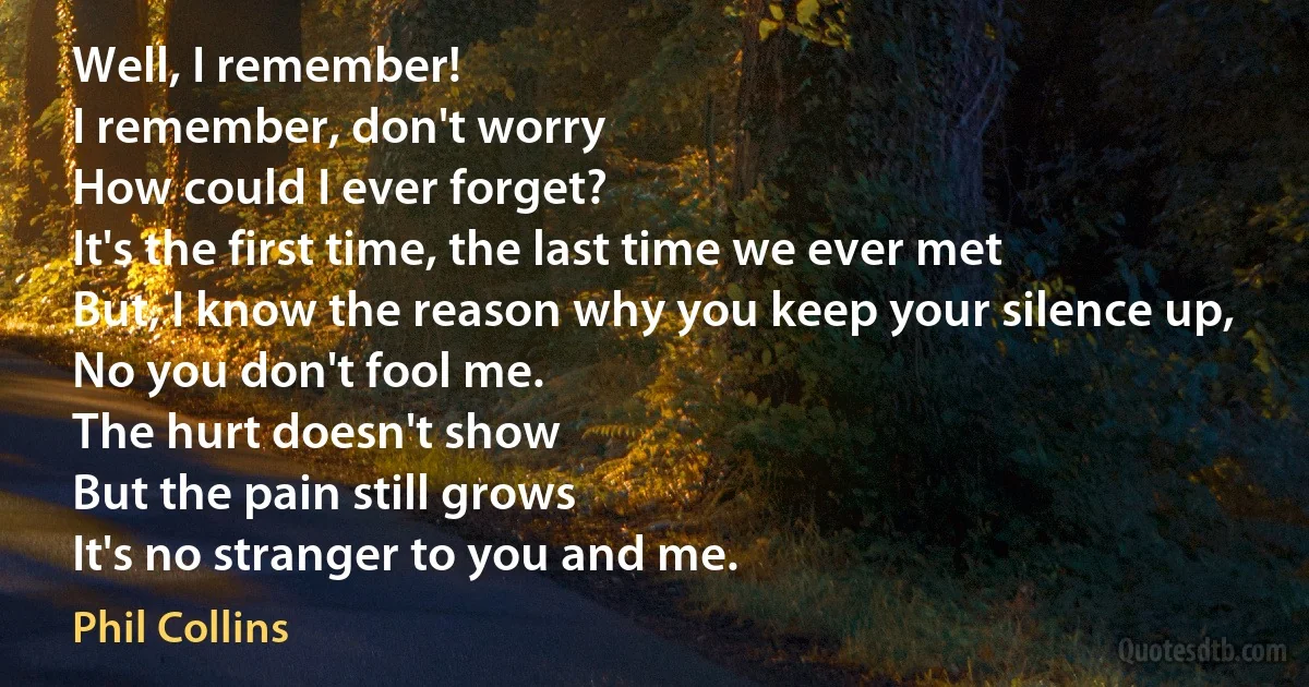 Well, I remember!
I remember, don't worry
How could I ever forget?
It's the first time, the last time we ever met
But, I know the reason why you keep your silence up,
No you don't fool me.
The hurt doesn't show
But the pain still grows
It's no stranger to you and me. (Phil Collins)