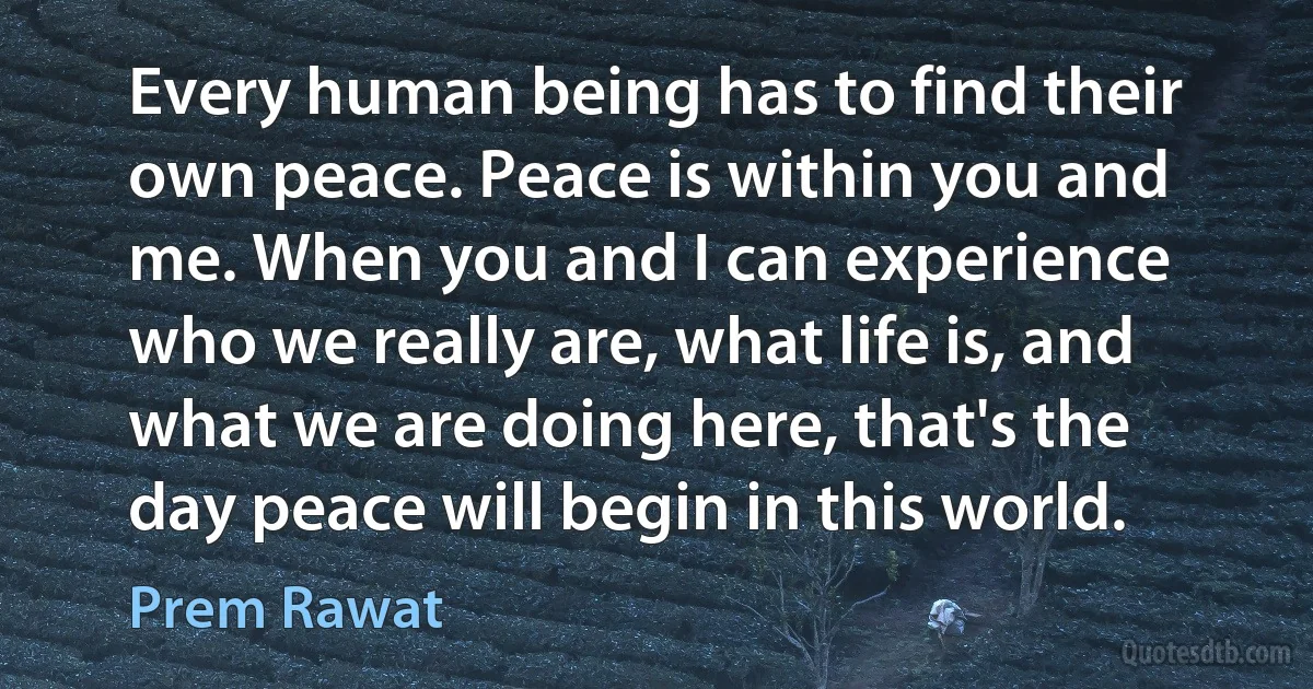 Every human being has to find their own peace. Peace is within you and me. When you and I can experience who we really are, what life is, and what we are doing here, that's the day peace will begin in this world. (Prem Rawat)