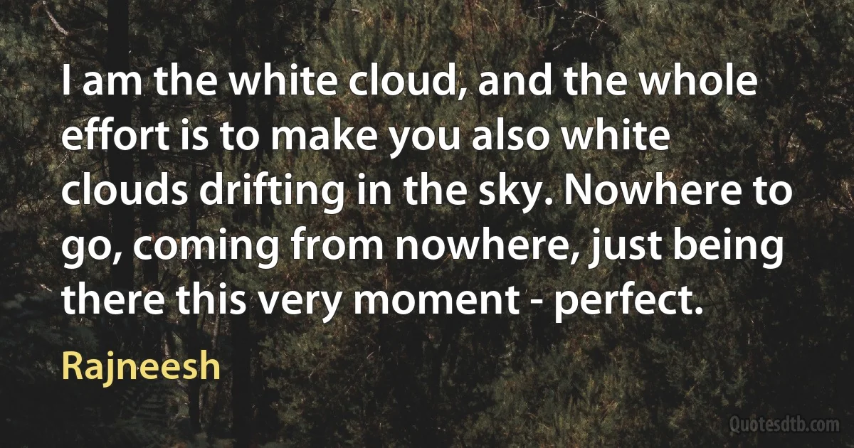 I am the white cloud, and the whole effort is to make you also white clouds drifting in the sky. Nowhere to go, coming from nowhere, just being there this very moment - perfect. (Rajneesh)