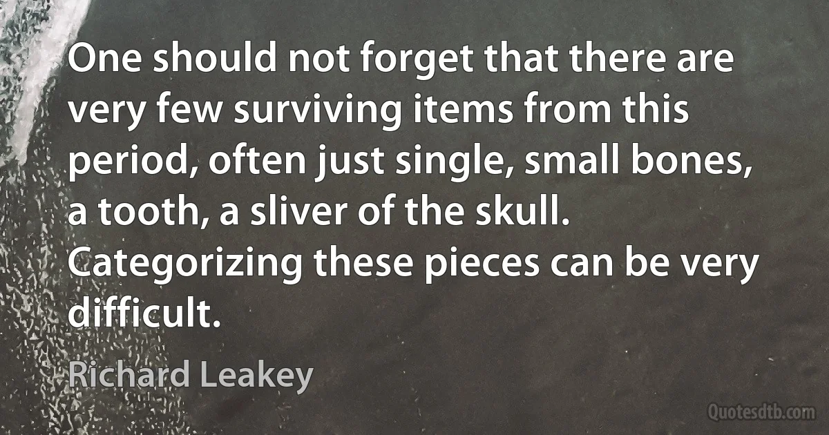 One should not forget that there are very few surviving items from this period, often just single, small bones, a tooth, a sliver of the skull. Categorizing these pieces can be very difficult. (Richard Leakey)