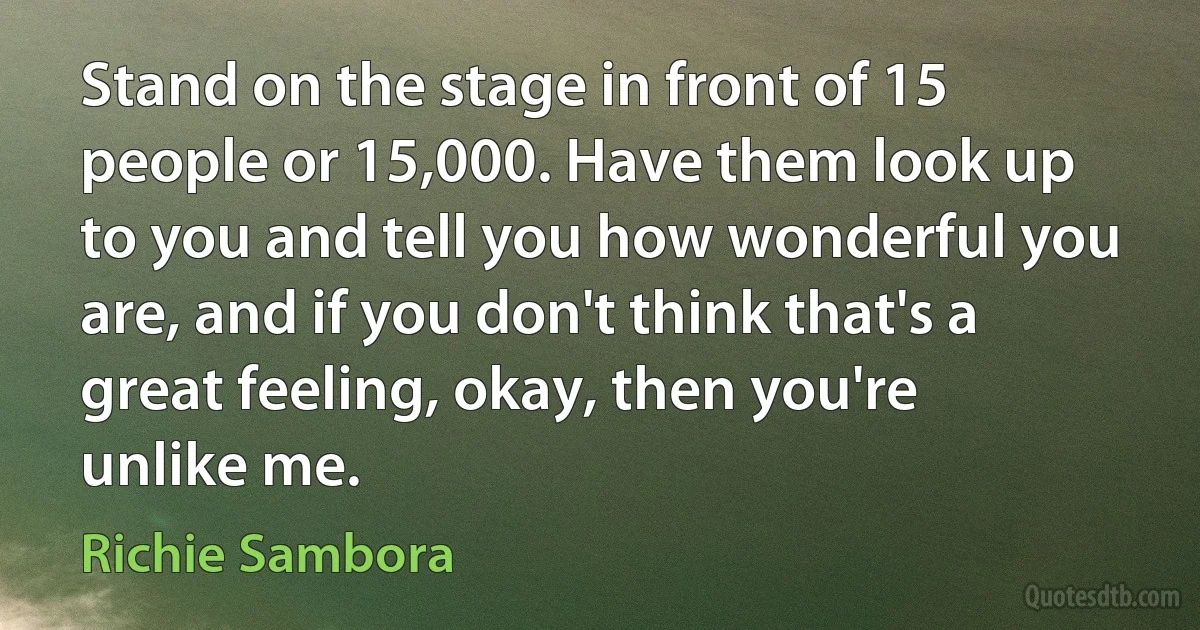 Stand on the stage in front of 15 people or 15,000. Have them look up to you and tell you how wonderful you are, and if you don't think that's a great feeling, okay, then you're unlike me. (Richie Sambora)