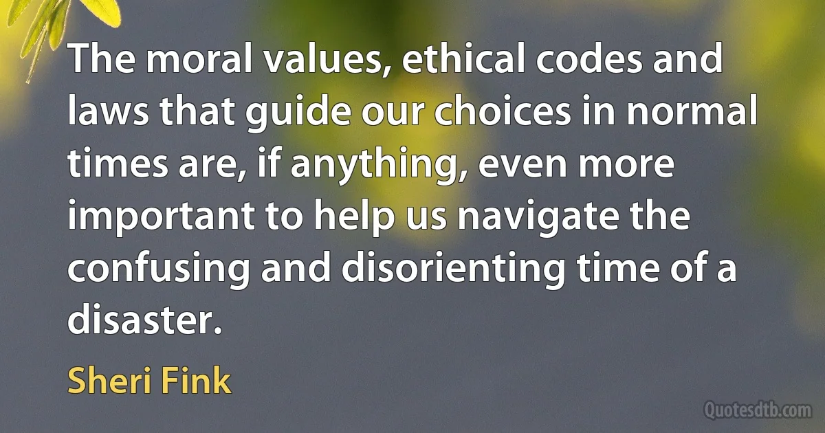 The moral values, ethical codes and laws that guide our choices in normal times are, if anything, even more important to help us navigate the confusing and disorienting time of a disaster. (Sheri Fink)