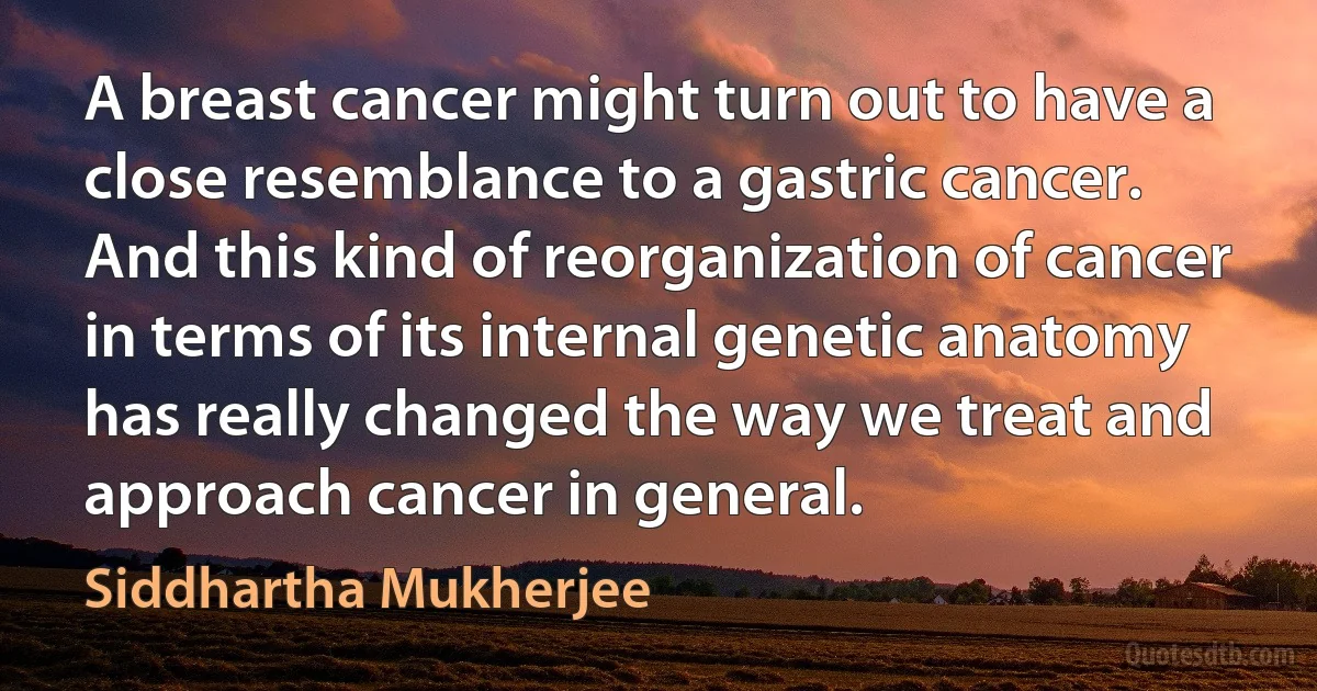 A breast cancer might turn out to have a close resemblance to a gastric cancer. And this kind of reorganization of cancer in terms of its internal genetic anatomy has really changed the way we treat and approach cancer in general. (Siddhartha Mukherjee)