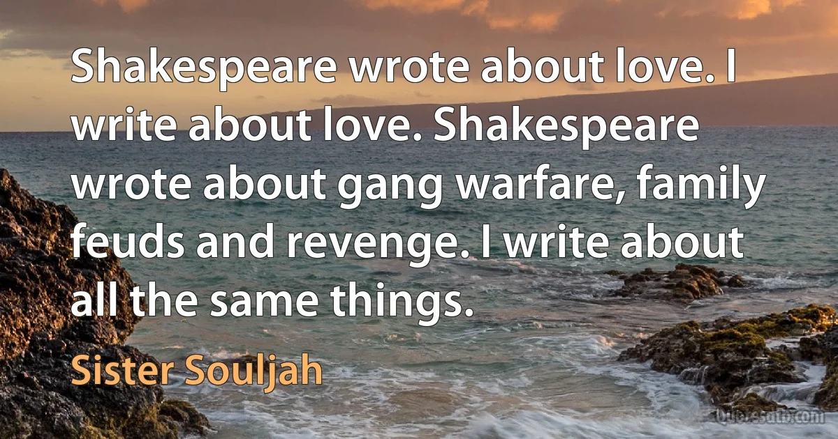 Shakespeare wrote about love. I write about love. Shakespeare wrote about gang warfare, family feuds and revenge. I write about all the same things. (Sister Souljah)