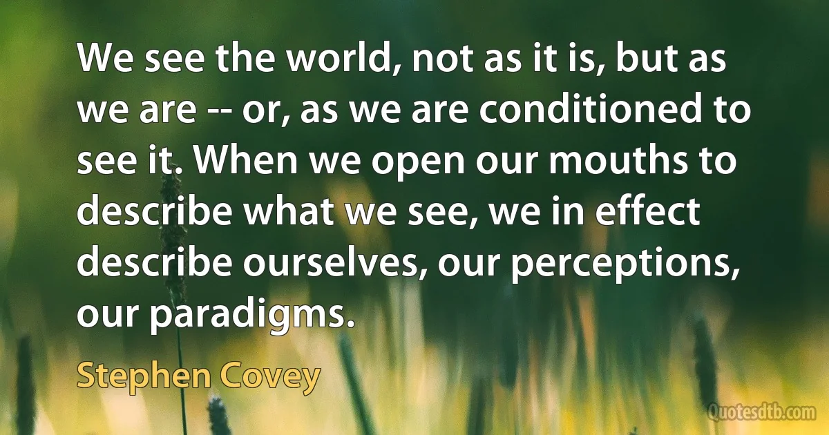 We see the world, not as it is, but as we are -- or, as we are conditioned to see it. When we open our mouths to describe what we see, we in effect describe ourselves, our perceptions, our paradigms. (Stephen Covey)