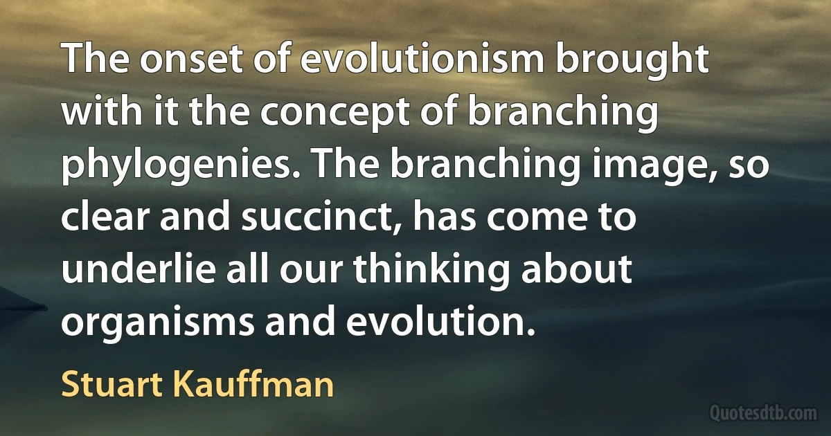 The onset of evolutionism brought with it the concept of branching phylogenies. The branching image, so clear and succinct, has come to underlie all our thinking about organisms and evolution. (Stuart Kauffman)