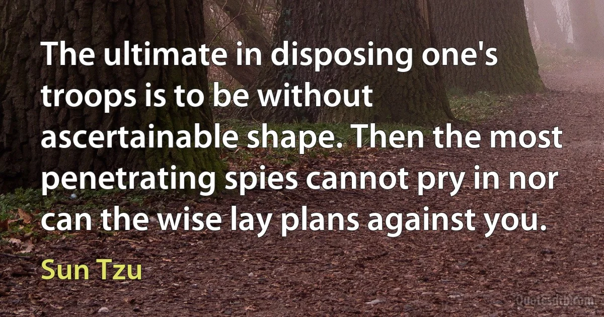 The ultimate in disposing one's troops is to be without ascertainable shape. Then the most penetrating spies cannot pry in nor can the wise lay plans against you. (Sun Tzu)