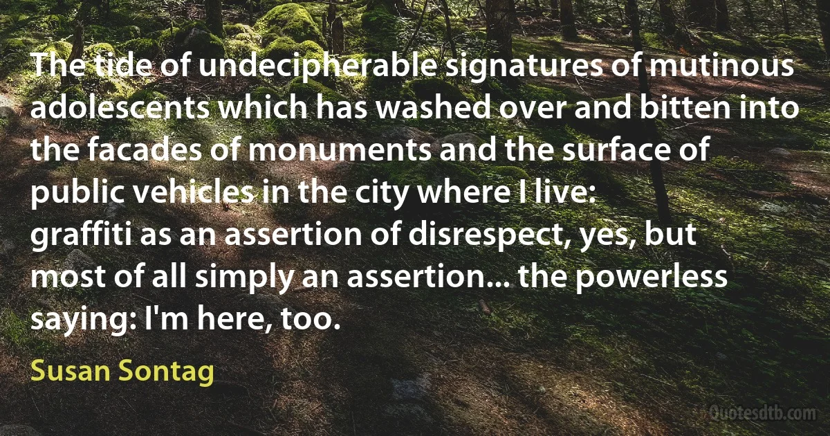 The tide of undecipherable signatures of mutinous adolescents which has washed over and bitten into the facades of monuments and the surface of public vehicles in the city where I live: graffiti as an assertion of disrespect, yes, but most of all simply an assertion... the powerless saying: I'm here, too. (Susan Sontag)