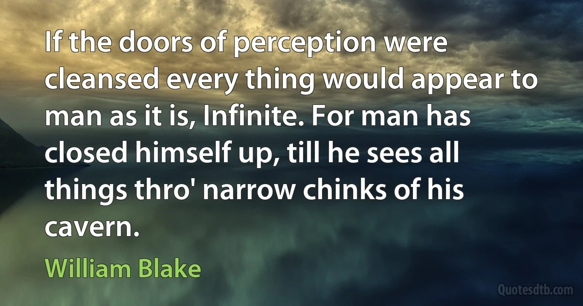 If the doors of perception were cleansed every thing would appear to man as it is, Infinite. For man has closed himself up, till he sees all things thro' narrow chinks of his cavern. (William Blake)