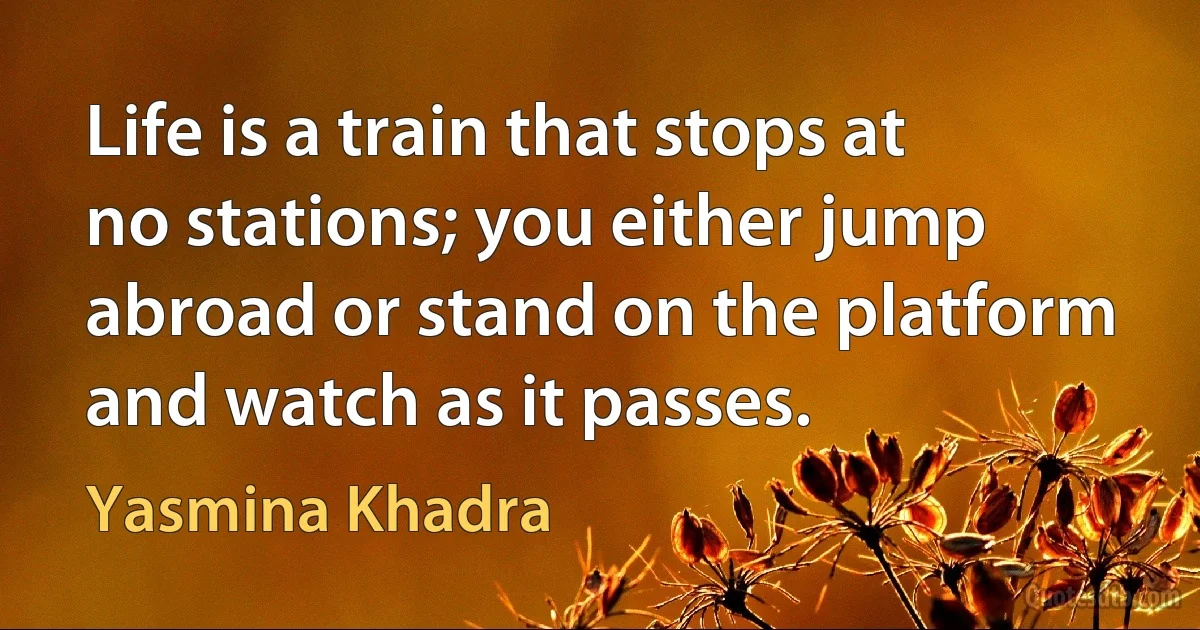 Life is a train that stops at no stations; you either jump abroad or stand on the platform and watch as it passes. (Yasmina Khadra)