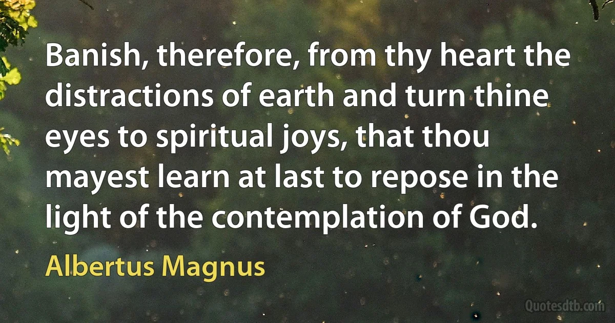 Banish, therefore, from thy heart the distractions of earth and turn thine eyes to spiritual joys, that thou mayest learn at last to repose in the light of the contemplation of God. (Albertus Magnus)