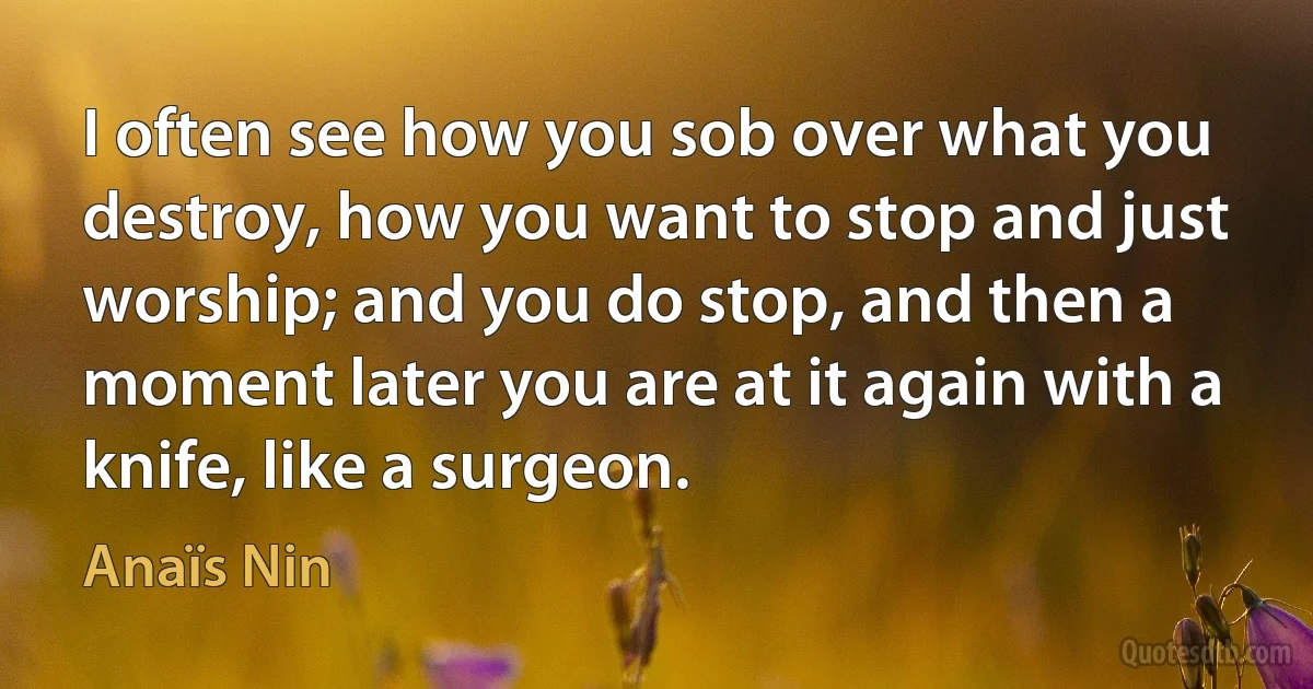 I often see how you sob over what you destroy, how you want to stop and just worship; and you do stop, and then a moment later you are at it again with a knife, like a surgeon. (Anaïs Nin)