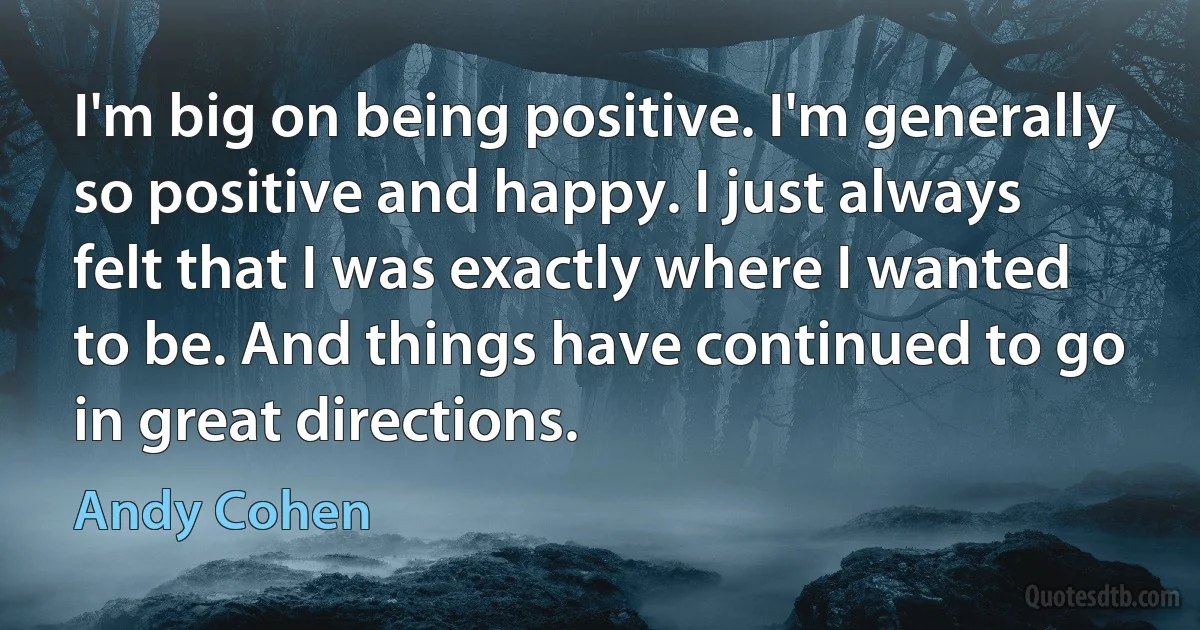 I'm big on being positive. I'm generally so positive and happy. I just always felt that I was exactly where I wanted to be. And things have continued to go in great directions. (Andy Cohen)