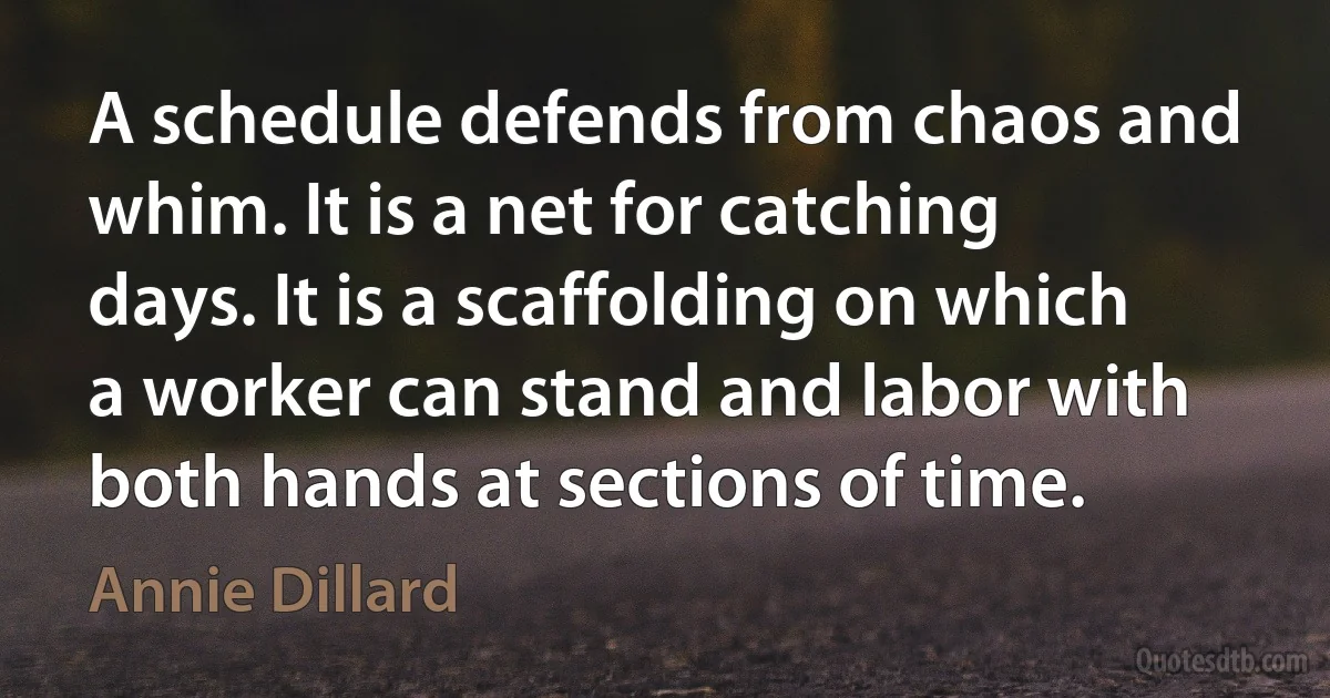 A schedule defends from chaos and whim. It is a net for catching days. It is a scaffolding on which a worker can stand and labor with both hands at sections of time. (Annie Dillard)