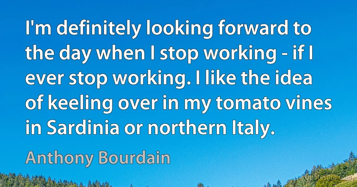 I'm definitely looking forward to the day when I stop working - if I ever stop working. I like the idea of keeling over in my tomato vines in Sardinia or northern Italy. (Anthony Bourdain)