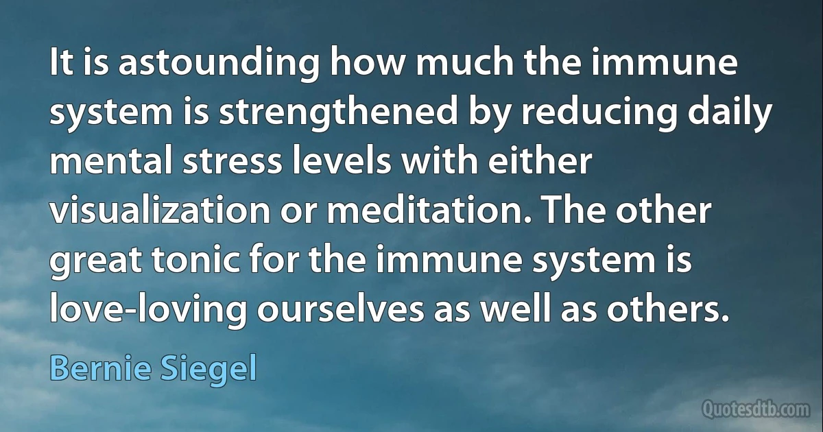 It is astounding how much the immune system is strengthened by reducing daily mental stress levels with either visualization or meditation. The other great tonic for the immune system is love-loving ourselves as well as others. (Bernie Siegel)