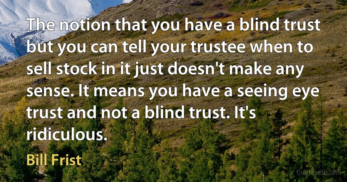 The notion that you have a blind trust but you can tell your trustee when to sell stock in it just doesn't make any sense. It means you have a seeing eye trust and not a blind trust. It's ridiculous. (Bill Frist)