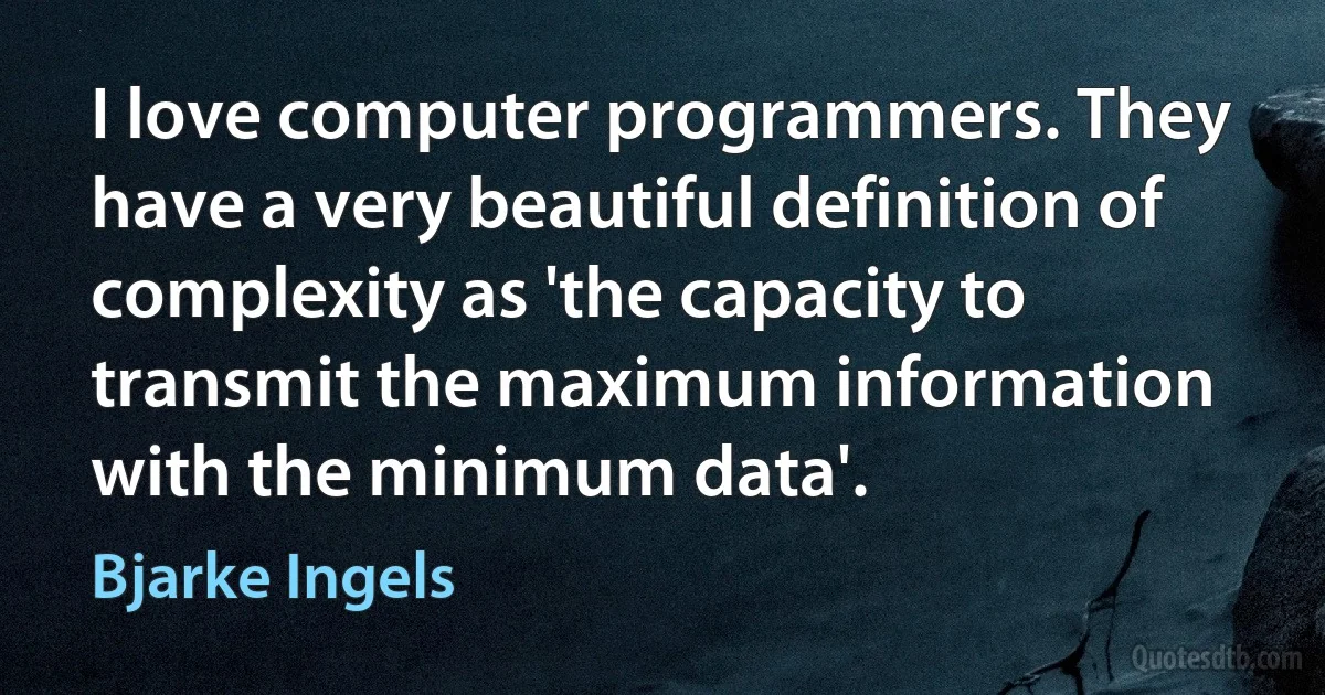 I love computer programmers. They have a very beautiful definition of complexity as 'the capacity to transmit the maximum information with the minimum data'. (Bjarke Ingels)