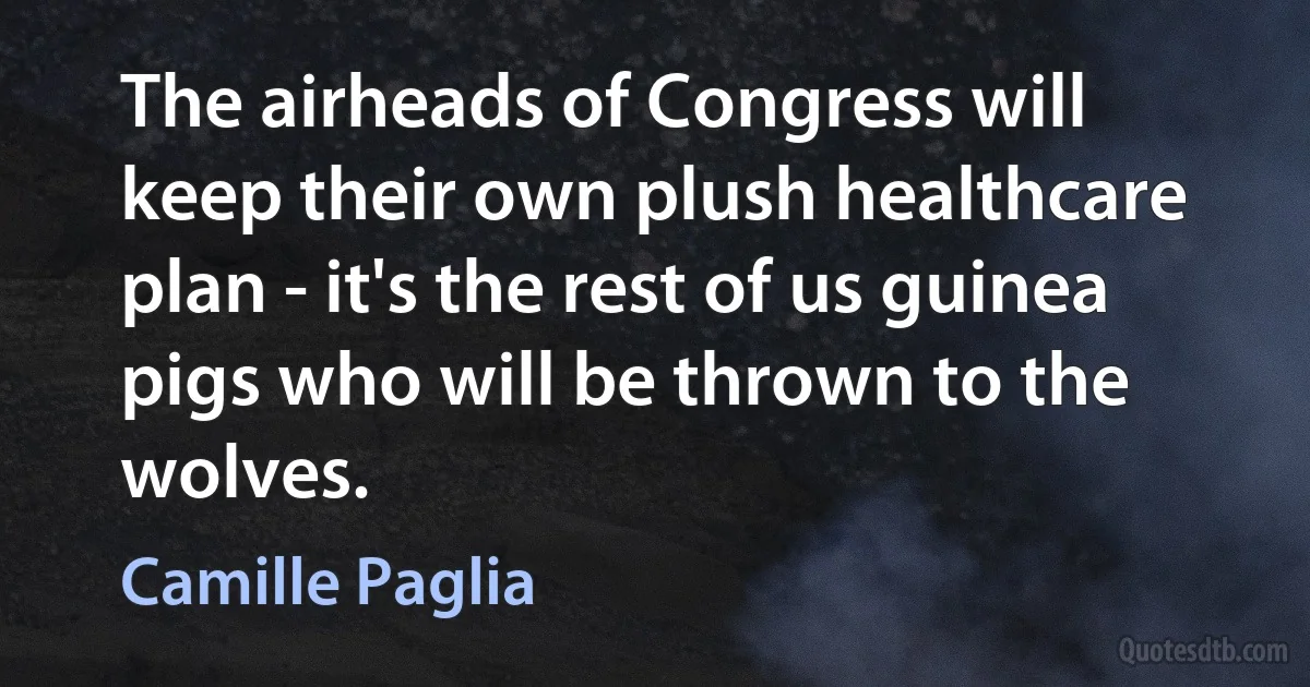 The airheads of Congress will keep their own plush healthcare plan - it's the rest of us guinea pigs who will be thrown to the wolves. (Camille Paglia)