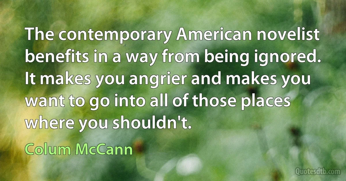 The contemporary American novelist benefits in a way from being ignored. It makes you angrier and makes you want to go into all of those places where you shouldn't. (Colum McCann)