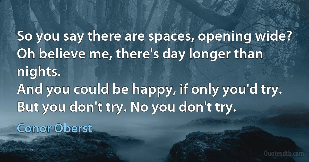 So you say there are spaces, opening wide?
Oh believe me, there's day longer than nights.
And you could be happy, if only you'd try.
But you don't try. No you don't try. (Conor Oberst)