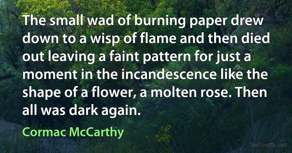 The small wad of burning paper drew down to a wisp of flame and then died out leaving a faint pattern for just a moment in the incandescence like the shape of a flower, a molten rose. Then all was dark again. (Cormac McCarthy)