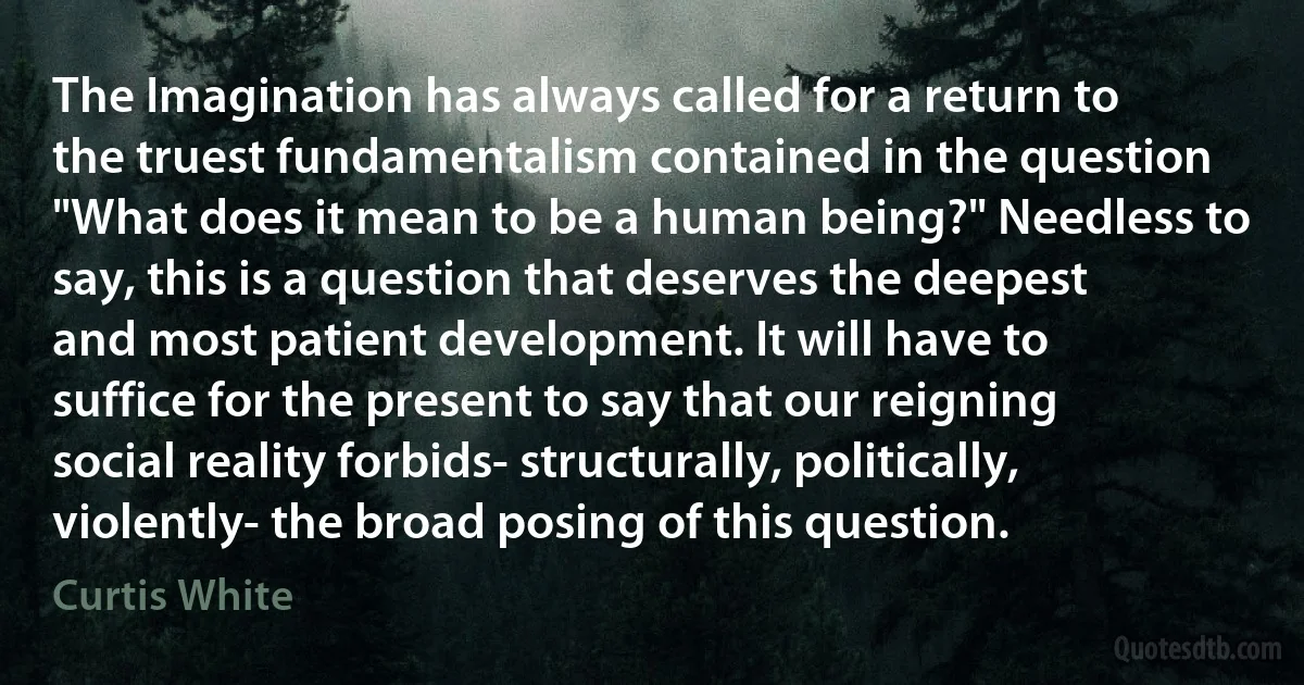 The Imagination has always called for a return to the truest fundamentalism contained in the question "What does it mean to be a human being?" Needless to say, this is a question that deserves the deepest and most patient development. It will have to suffice for the present to say that our reigning social reality forbids- structurally, politically, violently- the broad posing of this question. (Curtis White)